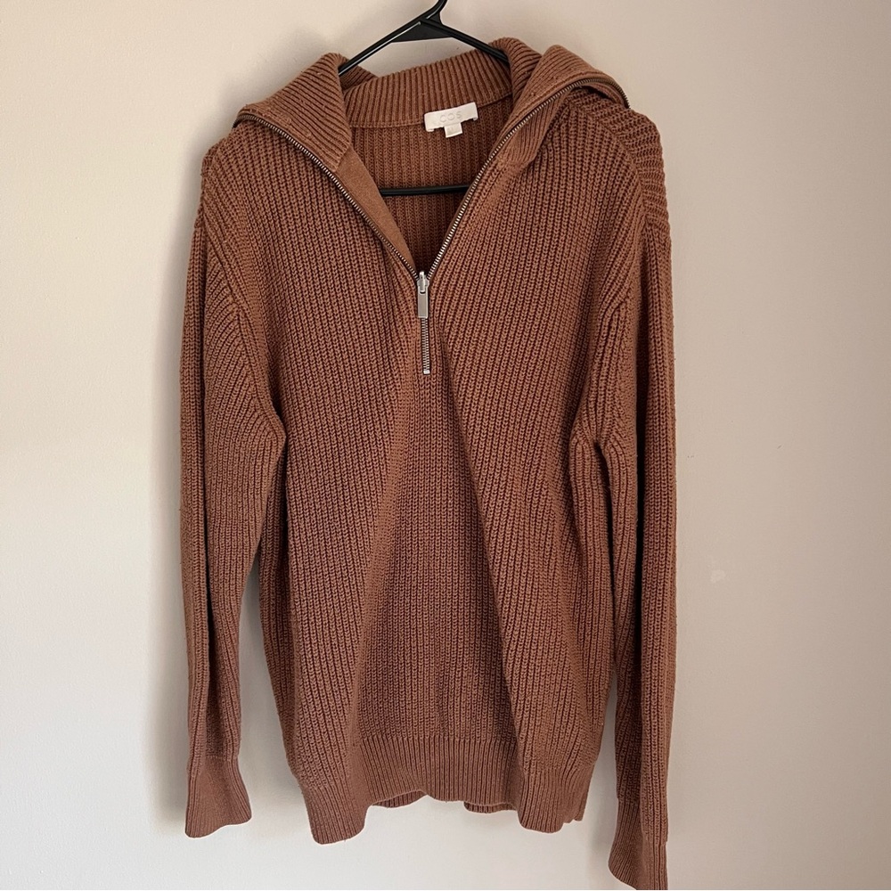COS Men’s Brown Half-Zip Cotton Wool Sweater